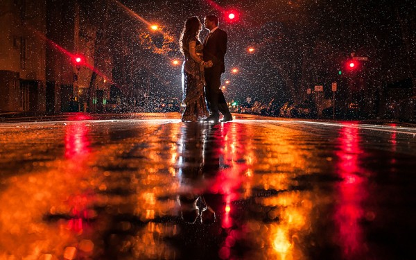 romance of Cute Couple in a rainy night