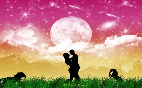 Silhouette couple Love in Heaven-vector background